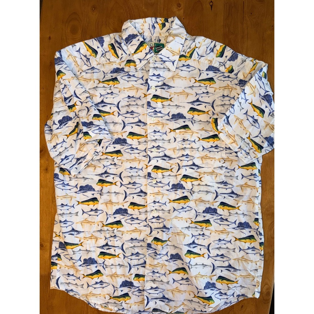 Johnny Cotton Mens Fish Print Button Up Shirt Short Sleeve White Blue Marlin